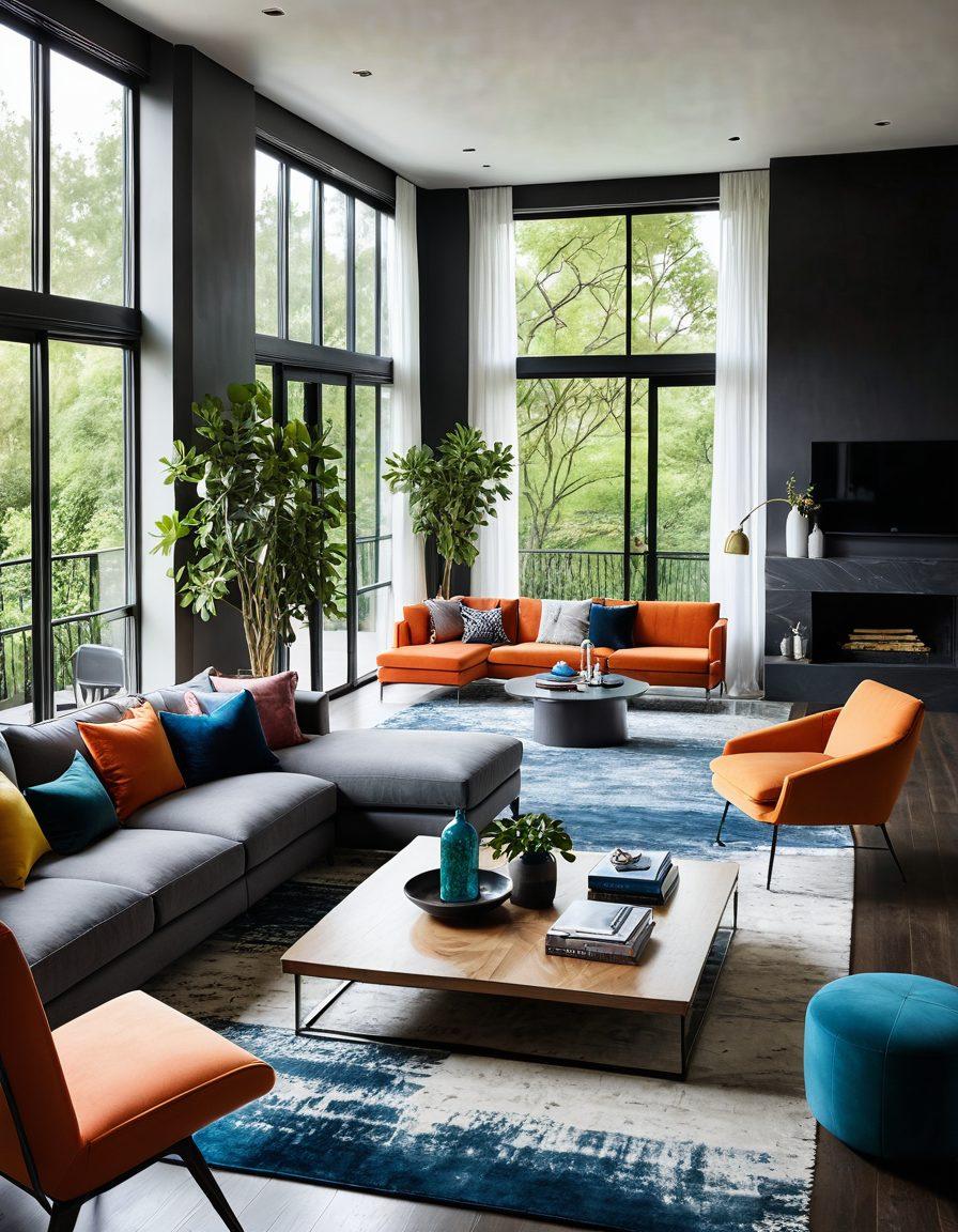 A stylish, modern living room featuring bold colors and unique furniture arrangements, showcasing large windows with natural light pouring in, accentuated by chic art pieces and greenery. Include an open concept design that blurs the lines between indoor and outdoor spaces, with fashion-forward decorative elements. super-realistic. vibrant colors. contemporary style.