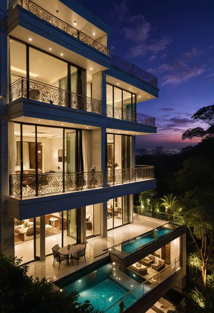 A stunning fusion of opulent and modern architectural designs, featuring lavish materials like marble and glass, adorned with intricate patterns and lush greenery. The scene captures luxurious balconies, dramatic lighting, and sleek lines, all set against a twilight sky that enhances the elegance of the structures. Include people mingling elegantly, showcasing a blend of lifestyle and architecture. super-realistic. vibrant colors. evening ambiance.