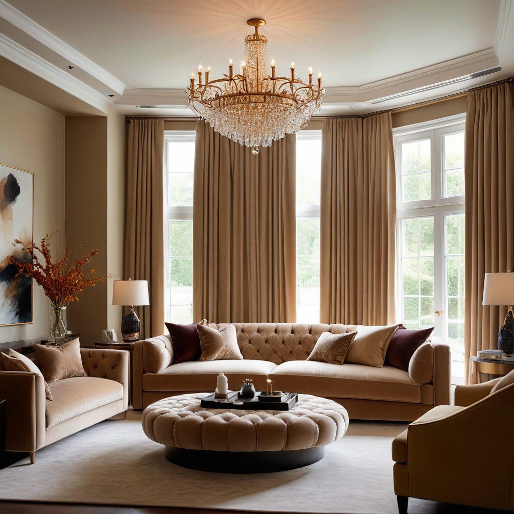 A stunning interior showcasing a chic and seductive house design with luxurious furnishings, soft ambient lighting, and stylish decor. Include elements like elegant drapery, plush sofas, and modern art on the walls, all surrounded by large windows that let in natural light. Create a cozy yet sophisticated atmosphere with a hint of romance. super-realistic. warm tones.